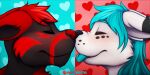  2017 2:1 anthro black_body black_ears black_fur black_inner_ear black_nose black_spots blep blue_hair blue_tongue blush boop canid canine cheek_tuft dipstick_ears duo english_text eyes_closed facial_markings facial_tuft fox fur hair head_markings heart_background male mammal markings multicolored_ears mytigertail nose_boop pattern_background red_body red_ears red_fur red_hair red_nose signature simple_background spots spotted_body spotted_fur text tongue tongue_out tuft white_body white_ears white_fur white_inner_ear 