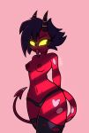  &lt;3 2021 absurd_res anthro big_butt black_hair breasts butt cleavage clothed clothing curvaceous curvy_figure demon eyelashes female hair helluva_boss hi_res horn humanoid imp kadith legwear looking_at_back markings millie_(helluva_boss) mole_(marking) not_furry nude red_body red_skin short_hair small_waist smile solo spade_tail thick_thighs voluptuous wide_hips yellow_sclera 