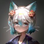  anthro blue_eyes blue_highlights blush female flower flowers_in_hair fur hair hi_res highlights_(coloring) looking_at_viewer moon_symbol plant portrait simple_background solo star_symbol utterangle whiskers white_body white_fur white_hair 