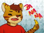  2017 anthro banana brown_body brown_fur brown_hair brown_stripes clothing english_text fangs felid food fruit fur gabe_(mytigertail) hair hi_res holding_banana holding_food holding_object male mammal mytigertail open_mouth pantherine pattern_background plant red_clothing red_shirt red_topwear shirt simple_background solo striped_body striped_fur stripes tan_body tan_fur text tiger topwear 
