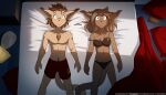  2021 7:4 anthro basitin bed blush boxers_(clothing) bra breasts brown_body brown_fur brown_hair chest_tuft cleavage clothed clothing conditional_dnp duo female fur furniture hair hi_res inside lying male mammal midriff navel off_shoulder on_back on_bed panties pillow tail_coil tom_fischbach topless topless_male tuft twokinds underwear underwear_only webcomic 