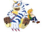  4:3 angoramon anthro bandai_namco blonde_hair clothing cosplay costume digimon digimon_(species) digimon_ghost_game duo female fur gabumon hair hair_over_eyes hi_res human kiryu_rgm male mammal ruri_tsukiyono sitting size_difference yellow_body yellow_fur 