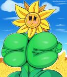  absurd_res anthro big_breasts blush breast_squish breasts elemental_creature elemental_humanoid female finalofdestinations flora_fauna flower hi_res holding_breast huge_breasts humanoid not_furry plant plant_humanoid solo squish sunflower thick_thighs wide_hips 