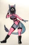  anthro bone breasts canid canine canis claws cleavage cleavage_cutout clothed clothing female guard_(squid_game) humanoid leggings legwear malo mammal marsh_(marshthemalo) mask scp-1471 scp-1471-a scp_foundation skull skull_head solo squid_game traditional_media_(artwork) victordantes wolf 