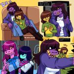  1:1 ambiguous_gender anthro blue_body blue_skin brown_hair clawed_fingers deltarune duo english_text female freckles hair hair_over_eye hi_res human humanoid kris_(deltarune) long_hair mammal one_eye_obstructed purple_body red_eyes reptile rumay_chian scalie sharp_teeth shoulder-length_hair susie_(deltarune) teeth text undertale_(series) video_games yellow_eyes 