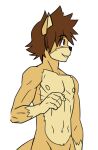  anthro athletic athletic_male black_nose brown_hair clothed clothing countershading domestic_cat felid feline felis fur hair hi_res hiro_(raxkiyamato) humanoid_hands looking_aside male mammal navel nipples purple_eyes raxkiyamato smile solo tan_body tan_countershading topless topless_male v-cut yellow_body yellow_fur 