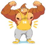  2021 absurd_res anthro ape biceps big_muscles bottomwear clothed clothing donkey_kong_(character) donkey_kong_(series) emanata english_text flexing footwear front_view fur haplorhine hi_res huge_muscles looking_at_viewer male mammal muscular muscular_anthro muscular_male nintendo nipples obliques one_eye_closed pants pecs primate sharp_teeth shirt shoes simple_background smile smirk solo splashburr standing sweatpants tank_top teeth text text_on_clothing text_on_shirt text_on_tank_top text_on_topwear topwear tuft video_games white_background wink 