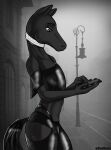  alex_(darkvulpes) anthro arabian_horse black_body bottomwear building choker clothed clothing darkvulpes equid equine fog girly grey_eyes greyscale hi_res horse jewelry leather leather_clothing looking_at_object looking_at_phone male mammal monochrome necklace pants phone photo_background rubber skimpy solo standing street street_lamp 