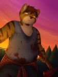 2016 3:4 anthro axe blood bodily_fluids chubby_male clothing felid gabe_(mytigertail) hi_res male mammal melee_weapon mytigertail outside pantherine shirt solo tiger topwear weapon 