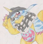  ambiguous_gender animal_skin anthro bandai_namco belly blush claws clothing digimon digimon_(species) eyewear gabumon glasses hat headgear headwear hi_res horn red_eyes scarf simple_background slightly_chubby solo tabasukotrr traditional_media_(artwork) white_background yellow_body 