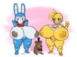  2021 alternate_form animatronic anthro anthrofied areola avian beakless bib big_breasts bird black_sclera blue_body blush blush_stickers bow_tie breasts brown_body chicken clothing crossgender curvy_figure english_text eyelashes female five_nights_at_freddy&#039;s five_nights_at_freddy&#039;s_2 galliform gallus_(genus) gesture grin group hands_behind_head hat headgear headwear huge_breasts hyper hyper_breasts lagomorph larger_female leporid little_hareboy looking_at_viewer machine male mammal mtf_crossgender nipples non-mammal_breasts nude open_mouth panties phasianid rabbit robot sharp_teeth short_stack size_difference smaller_male smile teeth text thick_thighs top_hat toy_bonnie_(fnaf) toy_chica_(fnaf) toy_freddy_(fnaf) underwear ursid v_sign video_games voluptuous white_eyes wide_hips yellow_body 