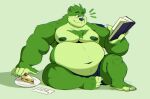  2021 anthro belly big_belly big_moobs book claws clothing countershading emanata eyebrows food fur green_body green_fur green_nipples grey_background hi_res holding_book holding_object male mammal moobs navel nipples obese obese_anthro obese_male open_book overweight overweight_anthro overweight_male plate reading sandwich_(food) simple_background sitting smile solo splashburr tan_body tan_countershading tuft underwear ursid 