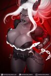  big_breasts breasts demon female hair helltaker hi_res horn horned_humanoid humanoid judgement_(helltaker) long_hair luminyu not_furry solo text thick_thighs url white_hair wide_hips 