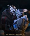  alien armor bodypaint creepy_gun cuddling cybernetic_arm cybernetic_limb dialogue duo eye_contact face_paint green_eyes hi_res looking_at_another male male/male mass_effect nihlus_kryik open_mouth saren_arterius standing teeth turian video_games 
