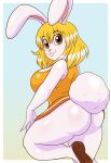  anthro big_butt blonde_hair butt carrot_(one_piece) clothed clothing female fur hair hi_res lagomorph leporid mammal neronova no_underwear one_piece rabbit solo white_body white_fur 