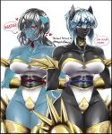  &lt;3 absurd_res anthro big_breasts black_body black_fur blue_body blue_fur breasts cleavage clothed clothing dialogue domestic_cat duo english_text felid feline felis female fur hi_res mammal scar text the_lost_artist thick_thighs 