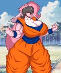  2017 absurd_res anthro biceps big_breasts black_hair breasts cleavage cleavage_overflow clothed clothing curvy_figure detailed_background digital_media_(artwork) dragon_ball dragon_ball_z eyelashes female fingers fur green_eyes hair hi_res hourglass_figure huge_breasts keikogi lagomorph leporid long_hair looking_at_viewer mammal martial_arts_uniform multicolored_body multicolored_fur multicolored_hair muscular muscular_anthro muscular_female one_eye_obstructed outside pink_body pink_fur pink_hair rabbit rascals reiko_usagi signature smile solo sportswear standing superix teeth thick_thighs two_tone_body two_tone_fur two_tone_hair voluptuous webcomic white_body white_fur wide_hips 