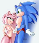  2021 absurd_res amy_rose anitwenty anthro bedroom_eyes blue_body breasts bulge clothed clothing clothing_pull duo eulipotyphlan female hair hand_holding hedgehog hi_res larger_male male male/female mammal narrowed_eyes nervous nipples pink_body pink_hair seductive sega size_difference smaller_female sonic_the_hedgehog sonic_the_hedgehog_(series) topless topless_anthro topless_female topless_male uncomfortable underwear underwear_pull 