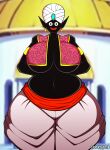  2018 absurd_res artist_name belly big_breasts black_body black_skin breasts clothing crossgender curvy_figure detailed_background digital_media_(artwork) dot_eyes dragon_ball ear_piercing ear_ring female genie hands_behind_back headgear headwear hi_res hourglass_figure huge_breasts humanoid humanoid_pointy_ears inner_side_boob lips looking_at_viewer mr._popo mtf_crossgender navel not_furry outside piercing religious_clothing religious_headwear simple_eyes slightly_chubby smile solo standing superix thick_thighs topwear turban under_boob vest voluptuous wide_hips 