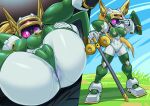  anus athletic athletic_female athletic_humanoid big_breasts big_butt breasts butt camel_toe clothed clothing digital_drawing_(artwork) digital_media_(artwork) female holding_leg holding_object holding_weapon humanoid instant_loss_2koma looking_at_viewer lying machine medabots medabots_(models) on_back one_eye_closed outside panties pochincoff pretty_prime robot robot_humanoid small_waist solo standing thick_thighs underwear weapon 