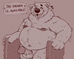  2021 anthro balls belly blush campfire_donut canid canine canis cute_fangs domestic_dog english_text erection eyes_closed genitals hi_res humanoid_genitalia humanoid_penis male mammal moobs navel nipples overweight overweight_male penis simple_background solo text towel wet 