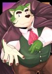  anthro canid canine canis clothing domestic_dog dress_shirt eyebrows fur green_body green_fur halloween hi_res holidays lifewonders live-a-hero male mammal mokdai nazebesu_hobby overweight shirt solo thick_eyebrows topwear vampire_costume vest video_games 