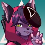  anthro canid canine fox fur gesture green_eyes guard_(squid_game) hair hi_res kehto looking_at_viewer mammal mask nymaruchan purple_body purple_fur purple_hair smile smirk solo squid_game v_sign 