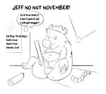  2021 4_fingers 4_toes anal_beads anthro balls belly black_and_white bodily_fluids butt dialogue dildo discarded_sex_toy english_text feet fingers foreskin genitals hyaenid inside jeffrey_taggart male mammal meme monochrome navel nipples no_nut_november overweight penis ruler sex_toy solo speech_bubble sweat text thewilldpink thick_thighs toes 