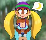 &lt;3 &lt;3_eyes anthro armband banana beanie big_breasts blonde_hair bodily_fluids bottomwear breasts brown_body cleavage clothed clothing donkey_kong_(series) ear_piercing ear_ring female food fruit hair hat headgear headwear hi_res kong looking_at_viewer mammal nintendo nipple_outline pants piercing pigtails plant primate saliva shirt solo somescrub speech_bubble sweat tank_top tiny_kong tongue tongue_out topwear video_games 