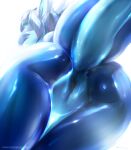  anthro bloom blue_body blue_eyes blue_hair blue_skin butt dragon equus female genitals glistening glistening_body glistening_skin hair hi_res looking_at_viewer looking_back looking_down low-angle_view nude presenting presenting_hindquarters pussy simple_background solo white_background worm&#039;s-eye_view 