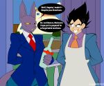  2018 anthro apron artist_name beerus black_hair bodily_fluids clothing detailed_background dialogue digital_media_(artwork) domestic_cat dot_eyes dragon_ball dragon_ball_super dragon_ball_z duo ear_piercing english_text felid feline felis gary_chalmers hair hairless hairless_cat hands_behind_back hi_res human male mammal meme piercing purple_body purple_skin saiyan seymour_skinner simple_eyes smile speech_bubble sphynx_(cat) standing steamed_hams superix sweat tan_body tan_skin teeth text the_simpsons tongue vegeta yellow_sclera 