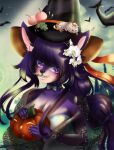  accessory anime_eyes anthro canid clothing flower flower_in_hair hair hair_accessory halloween halloween_2021 halloween_costume halloween_pumpkin hat headgear headwear holidays long_hair mammal mdwines plant purple_hair solo witch_costume witch_hat 