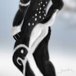  1:1 anthro black-buck_(artist) black-buck_(character) black_body black_fur butt butt_shot cervid fluffy fur male mammal realistic solo spots tribal 