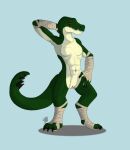  3_toes 4_fingers abs anthro armwear athletic athletic_anthro athletic_female bandage breasts claws clothing crocodilian featureless_breasts feet female fingers footwear genitals green_body green_scales hand_behind_head hand_on_leg hand_on_thigh hi_res kobold multicolored_body navel presenting presenting_breasts pussy raised_arm red_eyes reptile sahznir_(delinquentis) scales scalie sillywerwolf small_breasts solo teeth thong toes underwear white_body white_scales wraps 