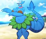  2018 absurd_res alternate_species anthro artist_name beach belly big_belly big_hands blue_body blue_scales blue_stripes blush bottomwear breast_squish breasts cleavage clothed clothing coconut_bra collar detailed_background digital_media_(artwork) female fingers fish hat headgear headwear hi_res hula kali_(kilinah) kili_(kilinah) leaf_clothing long_tail marine navel no_pupils outside potbelly scales sea seaside shark skirt smile solo squish standing striped_body striped_scales stripes superix teeth water 
