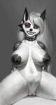  2021 absurd_res anthro areola big_areola big_breasts black_areola black_nipples black_nose breasts canid canid_demon canine collar curvy_figure demon eyebrow_piercing facial_piercing female front_view fur genitals hair hellhound helluva_boss hi_res long_hair looking_at_viewer loona_(helluva_boss) mammal navel nipples nude piercing pussy red_sclera simple_background solo spiked_collar spikes spread_legs spreading teeth tenacitrus thick_thighs toothy_grin uncanny_valley voluptuous whiskers white_body white_fur 
