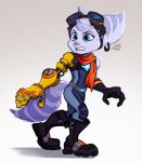  2021 absurd_res alaynakgray anthro blue_eyes boots clenched_teeth clothing cybernetic_arm cybernetic_limb ear_piercing ear_ring eyebrows eyelashes eyewear eyewear_on_head female footwear fur gloves goggles goggles_on_head handwear hi_res lombax mammal piercing plantigrade ratchet_and_clank rivet_(ratchet_and_clank) scarf solo sony_corporation sony_interactive_entertainment stripes teeth video_games 