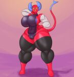  areola camel_toe clothed clothing demon demon_humanoid female hand_on_hip hi_res humanoid jovi_cap not_furry red_body red_skin solo thick_thighs 