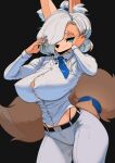  anthro belt belt_buckle big_breasts blue_eyes blue_fingernails breasts canid canine clothing countershading erect_nipples female fingers_in_hair fox fur hair hi_res huge_breasts mammal marie_(oughta) necktie nipple_outline nipples oughta smile solo thong underwear white_clothing white_hair yellow_body yellow_fur 