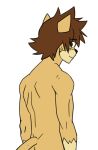  anthro athletic athletic_anthro athletic_male bodily_fluids brown_hair clothed clothing domestic_cat felid feline felis fur hair hi_res hiro_(raxkiyamato) looking_at_viewer looking_back male mammal purple_eyes raxkiyamato simple_background smile solo standing sweat sweatdrop topless white_background yellow_body yellow_fur 