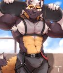  2021 abs absurd_res african_wild_dog anthro armpit_hair belt biceps big_muscles body_hair bottomwear bulge canid canine clothing crop_top day eyebrows fence fur hair hi_res holding_object holding_skateboard makowolf1 male mammal muscular muscular_anthro muscular_male navel nipple_piercing nipples obliques outside pants pecs piercing shirt skateboard smile solo standing tank_top topwear translucent translucent_clothing translucent_shirt translucent_tank_top translucent_topwear tuft 