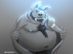  2021 anthro belly canid canine canis clothed clothing dober hi_res humanoid_hands male mammal moobs navel nipples open_clothing open_shirt open_topwear overweight overweight_male pubes shirt simple_background solo topwear wolf 