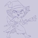  1:1 2021 anthro barefoot biped broom canid canine canis cheek_tuft cleaning_tool clothed clothing facial_tuft fangs feet female hat headgear headwear hi_res holding_object magic_user mammal monochrome plagueofgripes purple_and_white robe simple_background solo standing tuft white_background witch witch_costume witch_hat wolf 