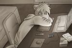  2014 anthro bed book cellphone chair clothing computer desk felid furniture headphones hi_res hoodie inside laptop male mammal monochrome mytigertail pantherine phone smartphone solo text tiger topwear url wacom_pen wacom_tablet 