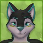  1:1 2015 anthro blue_eyes canid canine fox green_background looking_at_viewer male mammal mytigertail signature simple_background smile solo 