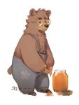  2021 anthro biped brown_body brown_fur brown_nose clothing eyewear food fur glasses hi_res honey_(food) male mammal overalls paws simple_background solo sontra tongue tongue_out ursid white_background 