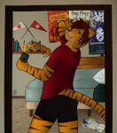  2014 bed bedroom brown_eyes canid canine cellphone clothing english_text felid fox furniture hoodie inside male mammal monitor mytigertail nintendo pantherine phone pikachu plushie pok&eacute;mon pok&eacute;mon_(species) shelf smartphone solo text tiger topwear video_games wallpaper 