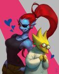  &lt;3 5_fingers alphys animal_humanoid anthro anthro_on_anthro athletic athletic_female athletic_humanoid blue_body blue_skin blush blush_lines bottomwear breasts buckteeth clothing coat dinosaur duo eye_patch eyewear female female/female fin fingers fish fish_humanoid gd_choco gills glasses hair hands_in_pockets humanoid lab_coat marine marine_humanoid non-mammal_breasts pants pockets ponytail red_hair reptile scalie shirt simple_background tank_top teeth topwear undertale undertale_(series) undyne video_games 