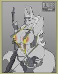  2021 absurd_res anthro areola areola_slip big_breasts bikini blue_eyes breasts camel_toe canid canine canis clothing duase explosives eyewear female fingerless_gloves gloves grenade gun handwear hi_res looking_at_viewer mammal ranged_weapon rasa_(duase) shell_(projectile) shotgun_shell sling_bikini solo sunglasses swimwear text thick_thighs url weapon wolf 