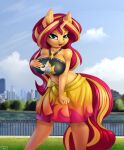  absurd_res anthro anthrofied big_breasts breasts clothed clothing digital_media_(artwork) equestria_girls equid equine eyebrows eyelashes female green_eyes hair hasbro hi_res horn inner_ear_fluff long_hair looking_at_viewer mammal midriff multicolored_hair my_little_pony navel open_mouth open_smile outside pony-way sarong shaded smile solo sunset_shimmer_(eg) thick_thighs tuft two_tone_hair unicorn 
